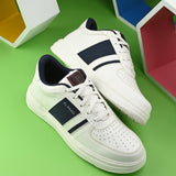 Men's Leather Casual Lace-Up Sneaker in white with navy blue stripe, perforated toe detail, and lightweight rubber sole.