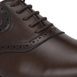 Men's brown faux leather oxford shoe with perforated brogue detailing, lace-up closure, and a low stacked heel.