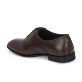 Men's brown faux leather oxford shoe with perforated brogue detailing, lace-up closure, and a low stacked heel.