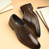 Men Leather Formal Brogue in brown faux leather with perforated brogue detailing, lace-up closure, and a low stacked heel.