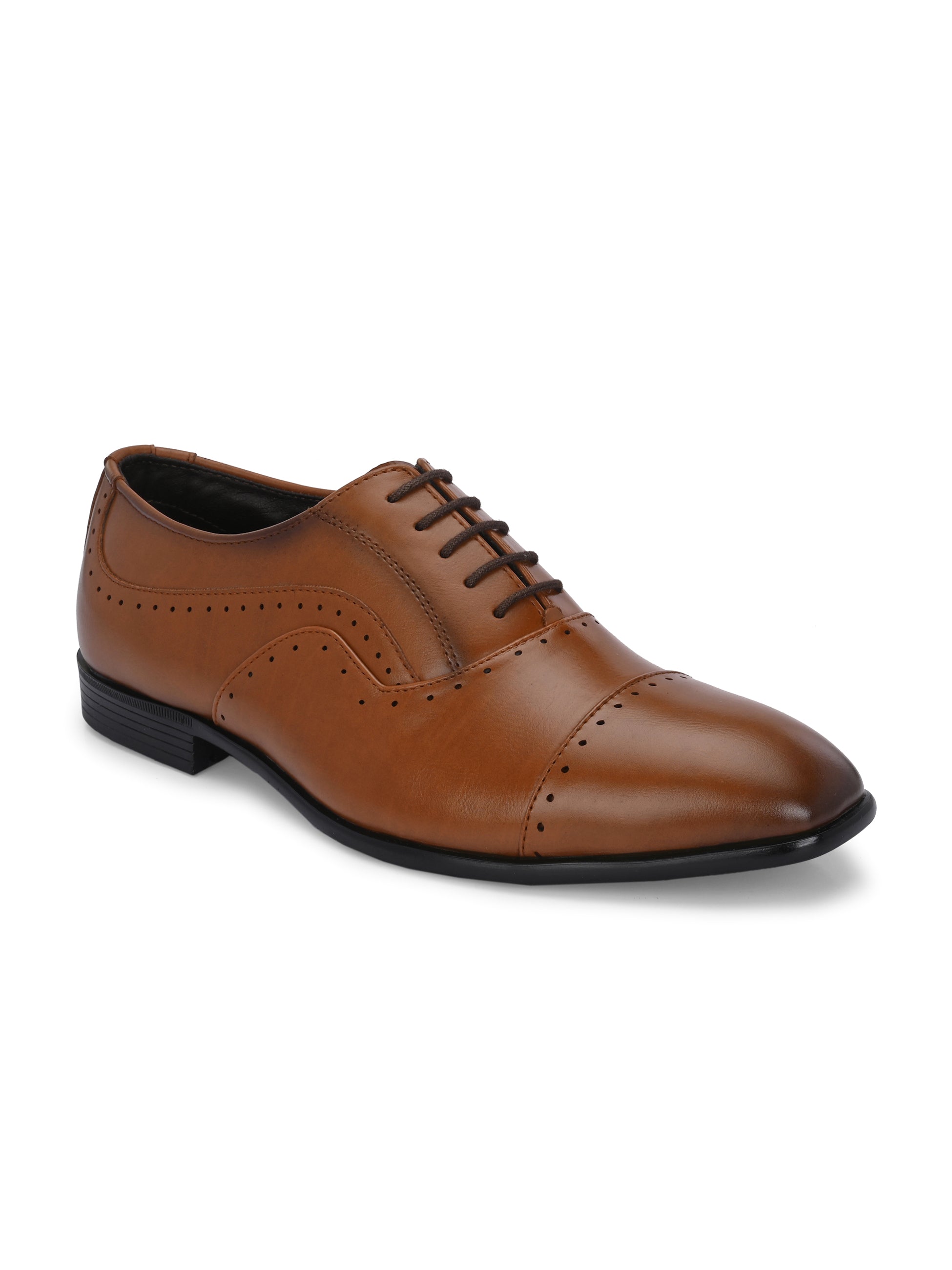 Men's leather formal shoes online, brown lace-up design with perforated toe cap and sides, low black heel.