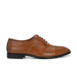 A brown leather dress shoe with a lace-up design, featuring decorative perforations along the toe cap and sides, and a low black heel.