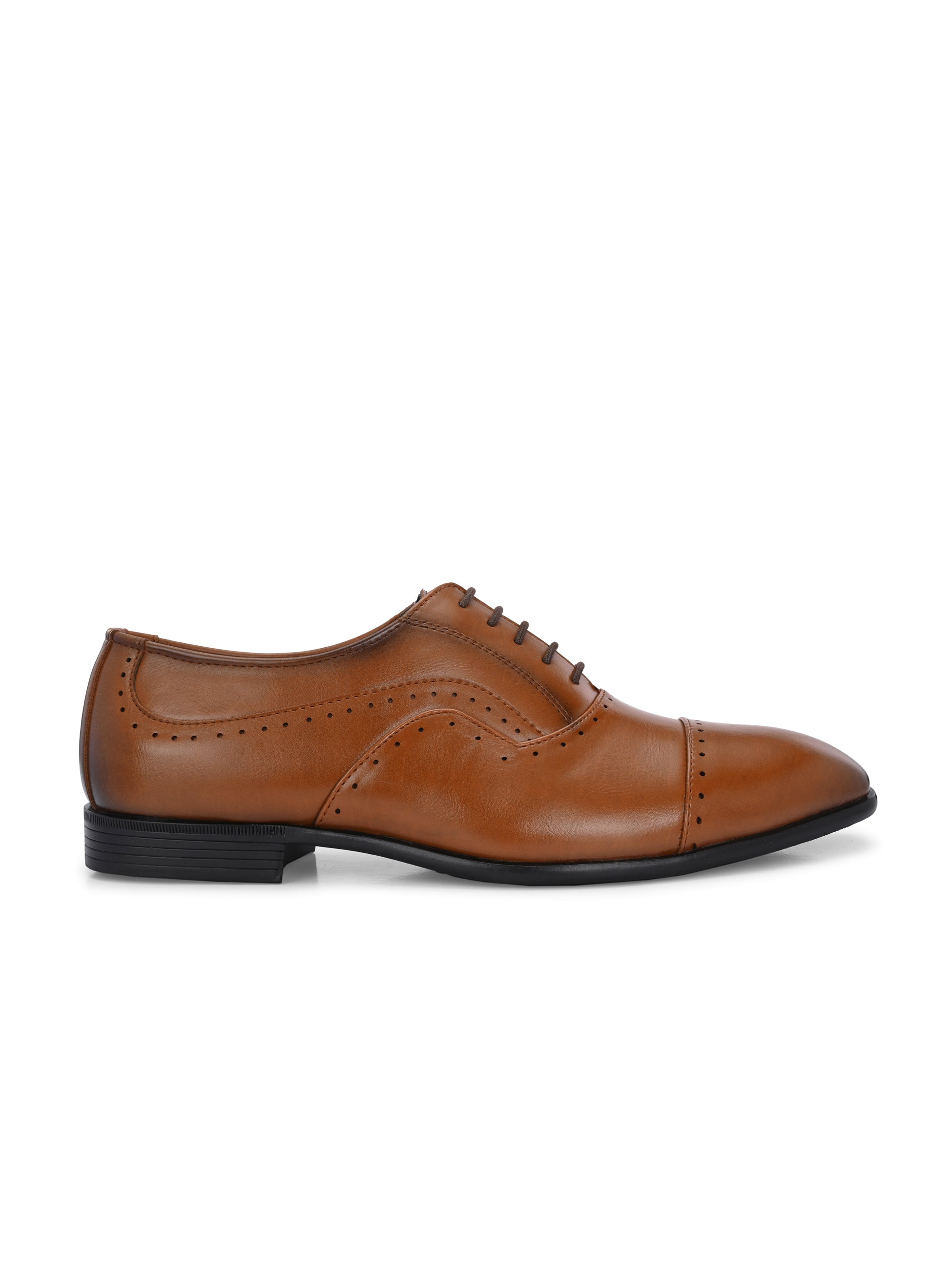 A brown leather dress shoe with a lace-up design, featuring decorative perforations along the toe cap and sides, and a low black heel.