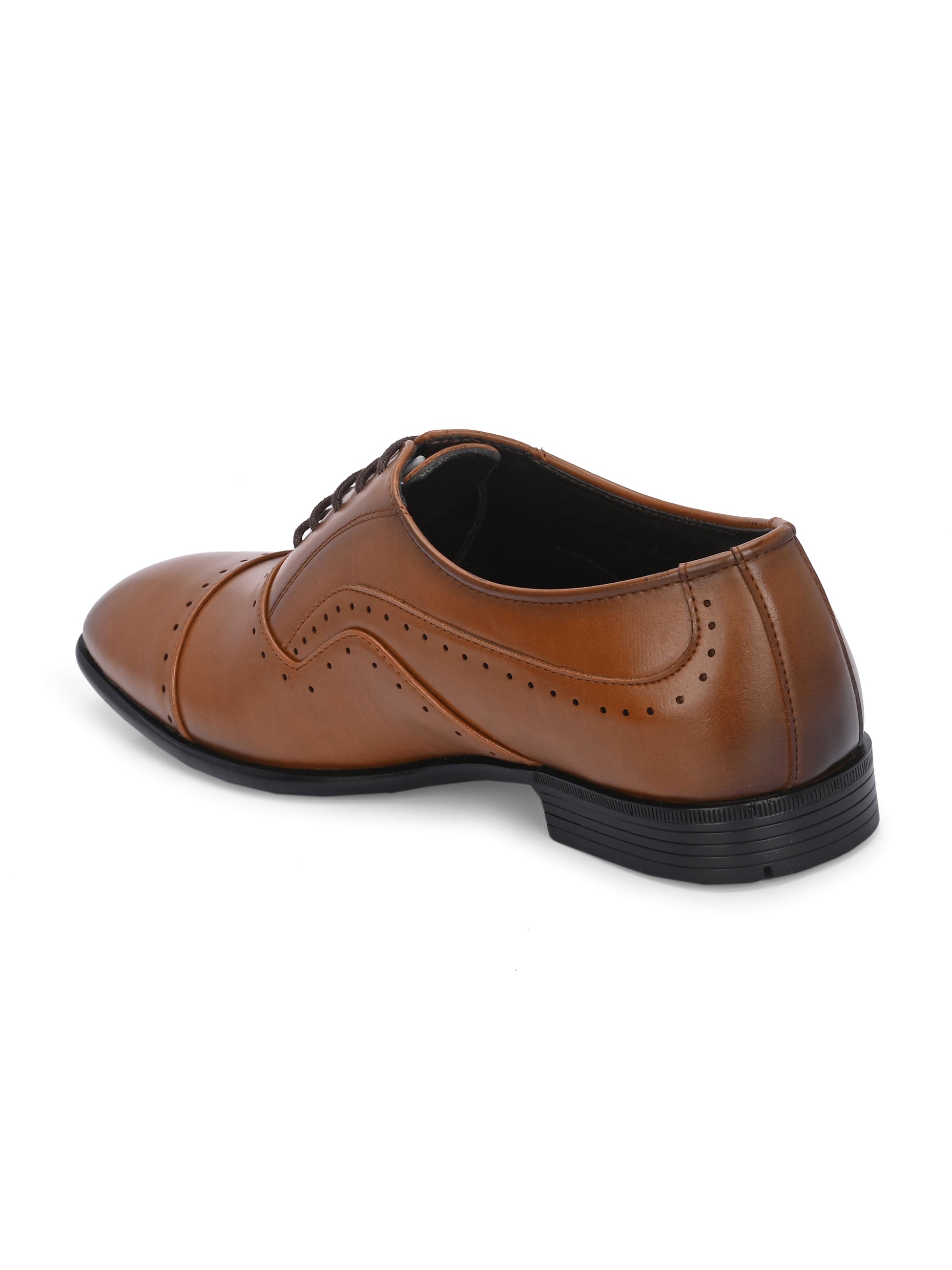 A brown leather dress shoe with a lace-up design, featuring decorative perforations along the toe cap and sides, and a low black heel.