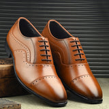 Men's leather formal shoes online, brown lace-up design with perforated toe cap and sides, low black heel.