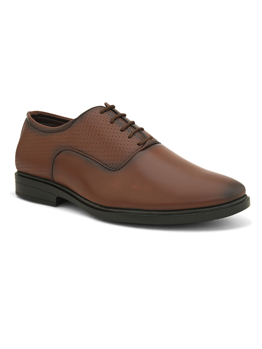 Men Textured Formal Derbys in brown leather with laces on a white background.