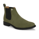 Olive formal boots with a matte finish, elastic side panels, pull-tab, and a subtle metallic logo accent.