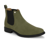 Olive formal boots with a matte finish, elastic side panels, pull-tab, and a subtle metallic logo accent.