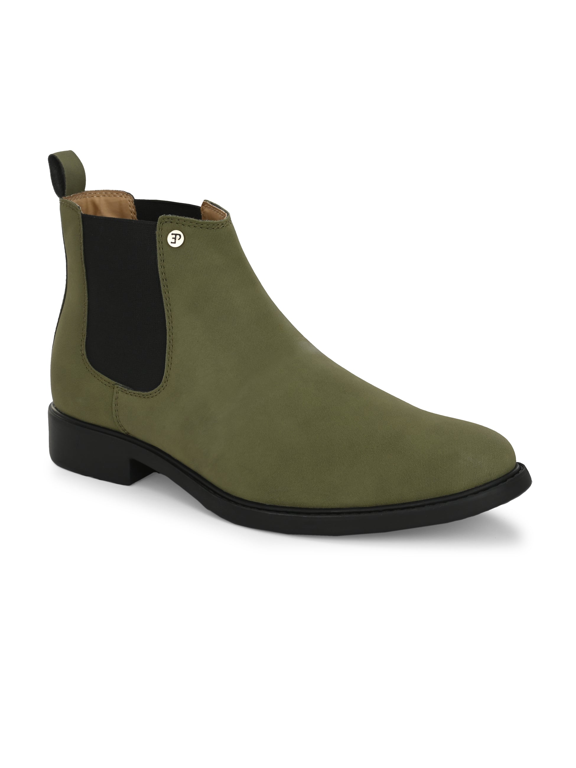 Olive formal boots with a matte finish, elastic side panels, pull-tab, and a subtle metallic logo accent.