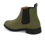 Olive formal boots with a matte finish, elastic side panels, pull-tab, and a subtle metallic logo accent.