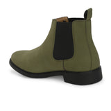 Olive formal boots with a matte finish, elastic side panels, pull-tab, and a subtle metallic logo accent.