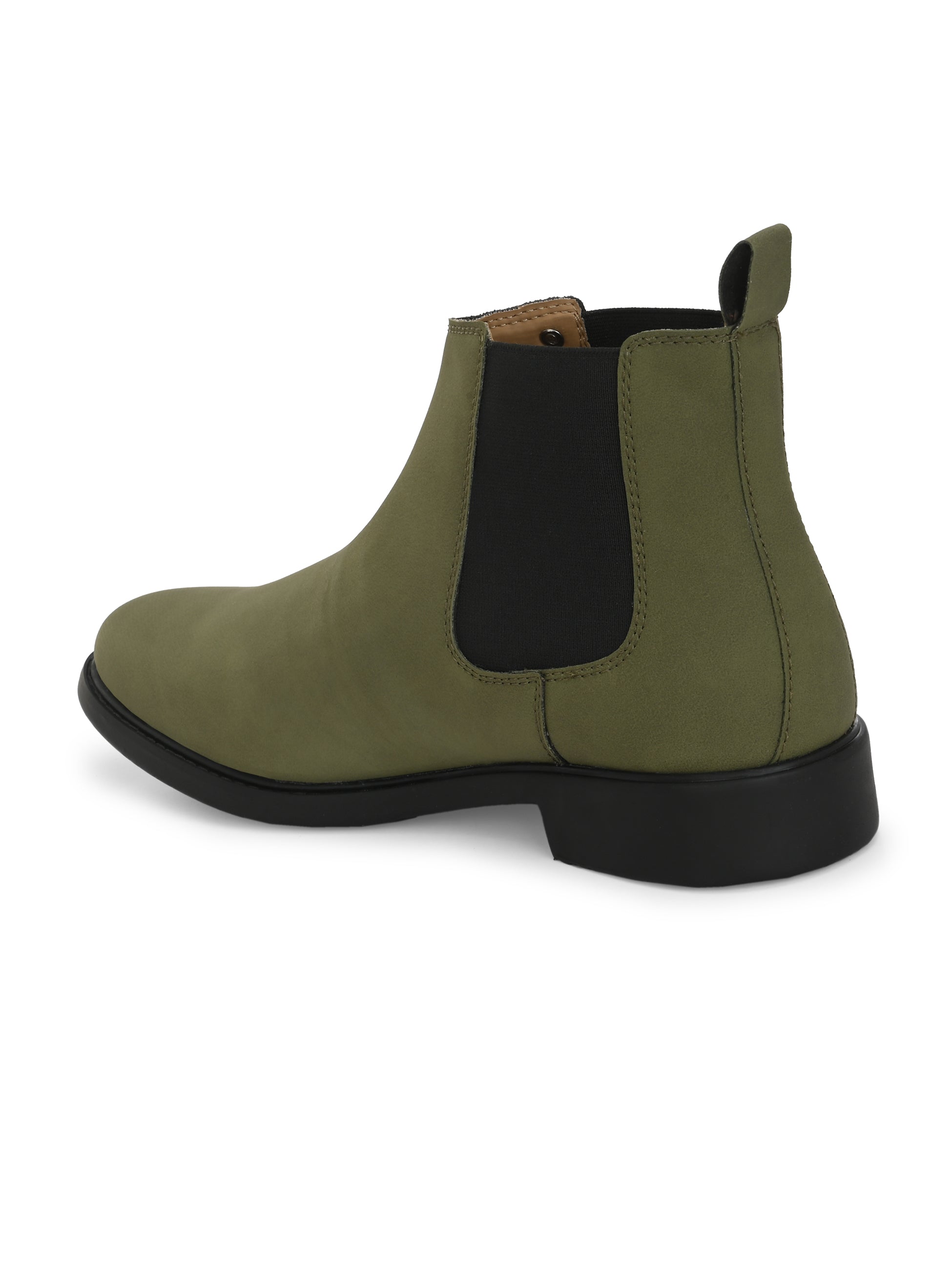 Olive formal boots with a matte finish, elastic side panels, pull-tab, and a subtle metallic logo accent.