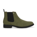 Olive formal boots with a matte finish, elastic side panels, pull-tab, and a subtle metallic logo accent.
