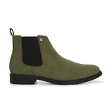 Olive formal boots with a matte finish, elastic side panels, pull-tab, and a subtle metallic logo accent.
