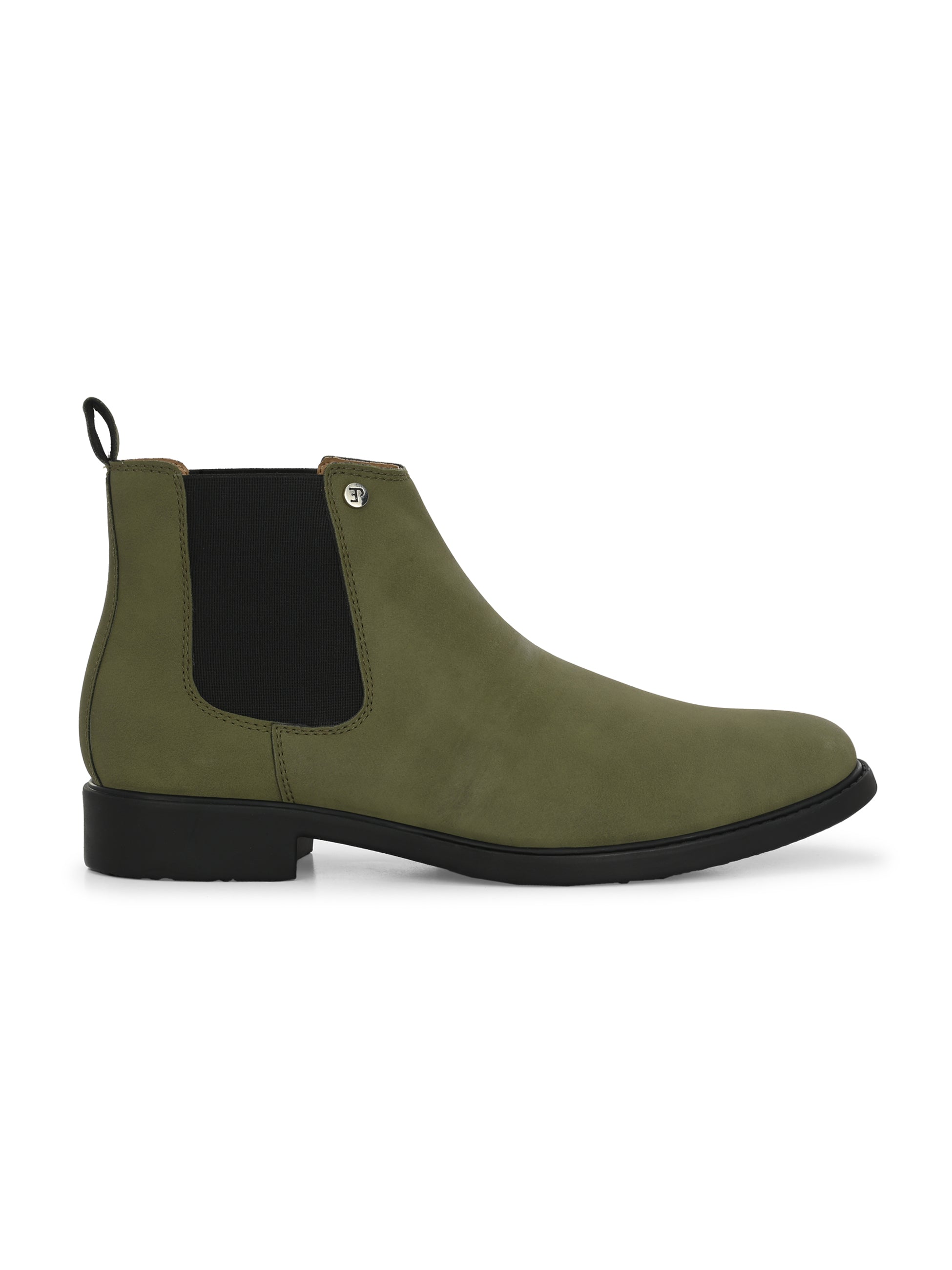 Olive formal boots with a matte finish, elastic side panels, pull-tab, and a subtle metallic logo accent.