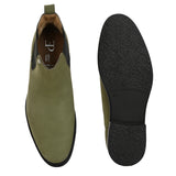 Olive formal boots with a matte finish, elastic side panels, pull-tab, and a subtle metallic logo accent.