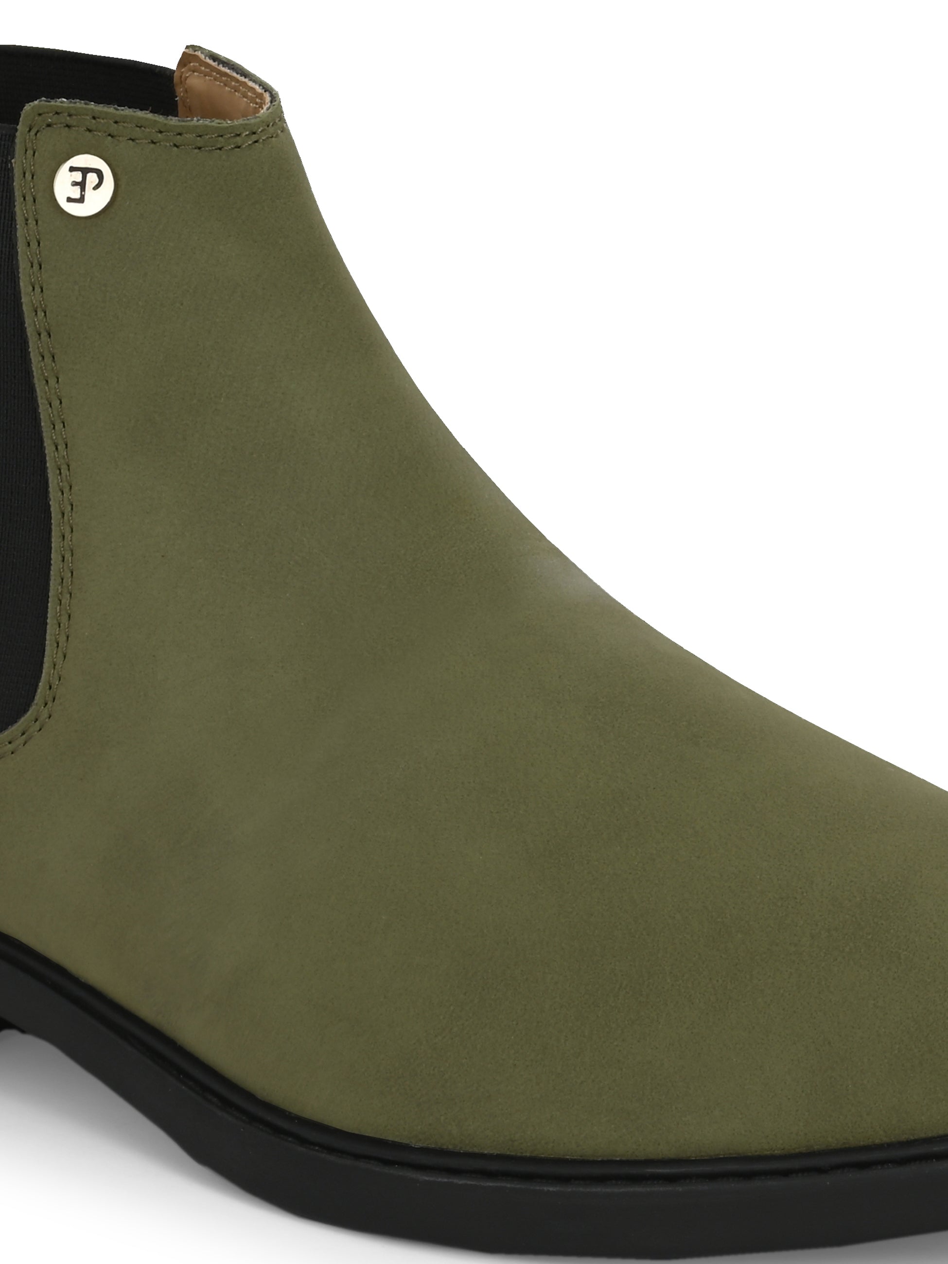 Olive formal boots with a matte finish, elastic side panels, pull-tab, and a subtle metallic logo accent.