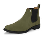 Olive formal boots with a matte finish, elastic side panels, pull-tab, and a subtle metallic logo accent.