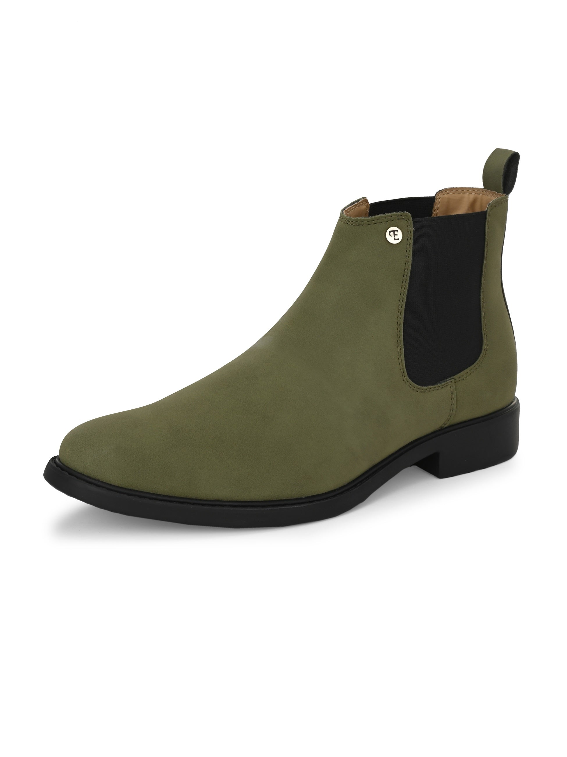 Olive formal boots with a matte finish, elastic side panels, pull-tab, and a subtle metallic logo accent.
