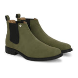 Olive Chelsea boots with a matte finish, elastic side panels, pull-tab, and a subtle metallic logo accent.