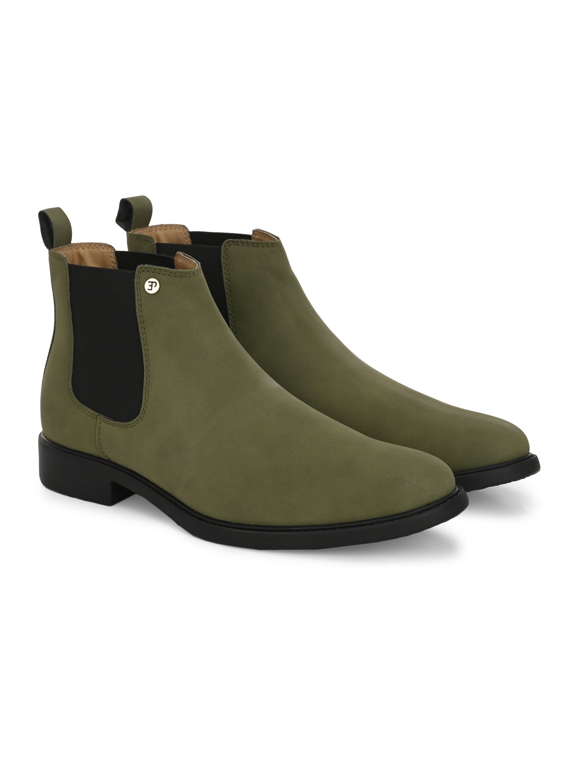 Olive Chelsea boots with a matte finish, elastic side panels, pull-tab, and a subtle metallic logo accent.