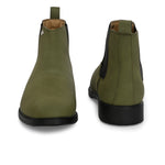 Olive formal boots with a matte finish, elastic side panels, pull-tab, and a subtle metallic logo accent.