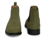 Olive formal boots with a matte finish, elastic side panels, pull-tab, and a subtle metallic logo accent.