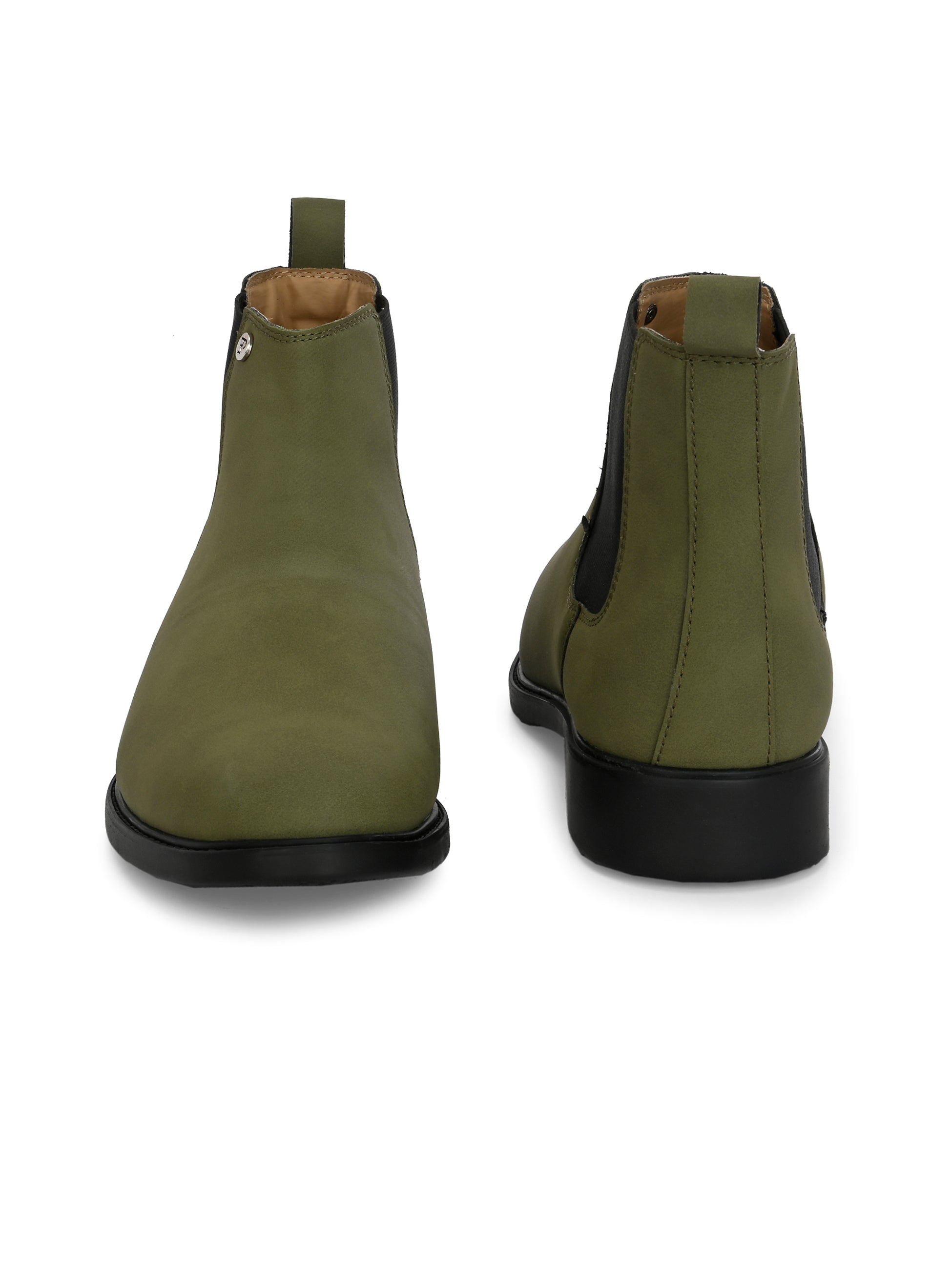 Olive formal boots with a matte finish, elastic side panels, pull-tab, and a subtle metallic logo accent.