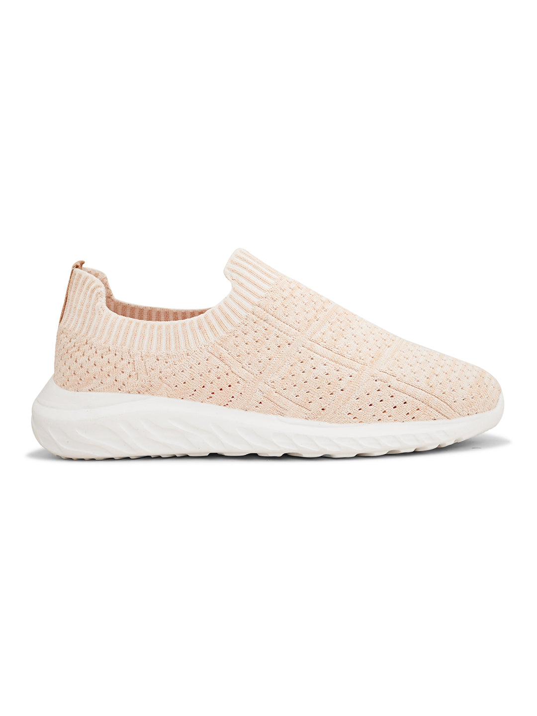 Peach slip-on sneaker with a breathable knitted upper, perforated design for ventilation, and a cushioned white sole for comfort and flexibility.