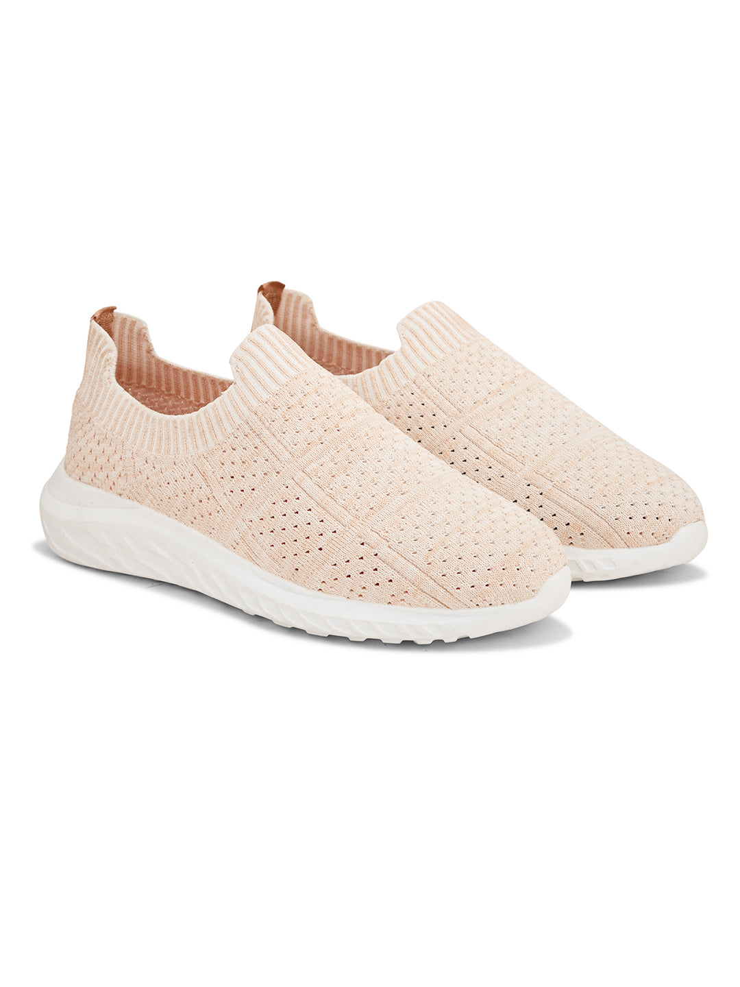 Peach Slip-On Lightweight Women Shoes with a breathable knitted upper, perforated design for ventilation, and a cushioned white sole for comfort and flexibility.