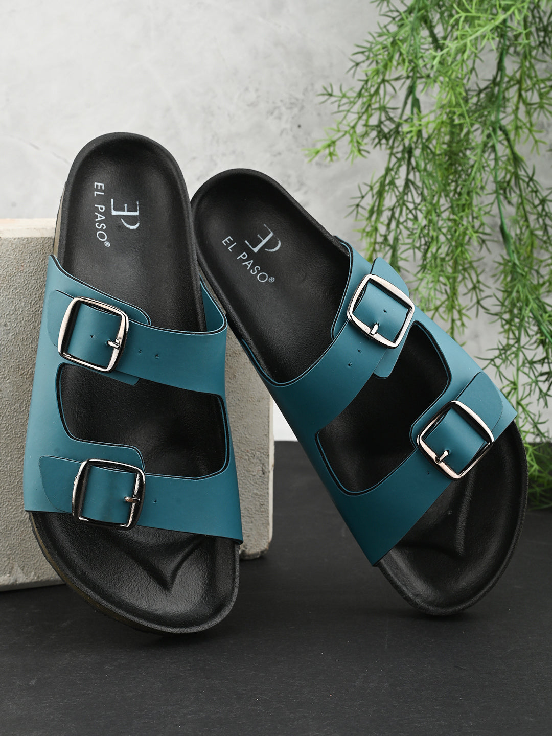 Seagreen Open Toe Flats with Buckles featuring buckle detailing for an adjustable fit and stylish look.