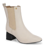 Women's beige block heel ankle boots with smooth leather finish, elastic side panels, pull-tab, and pointed toe.