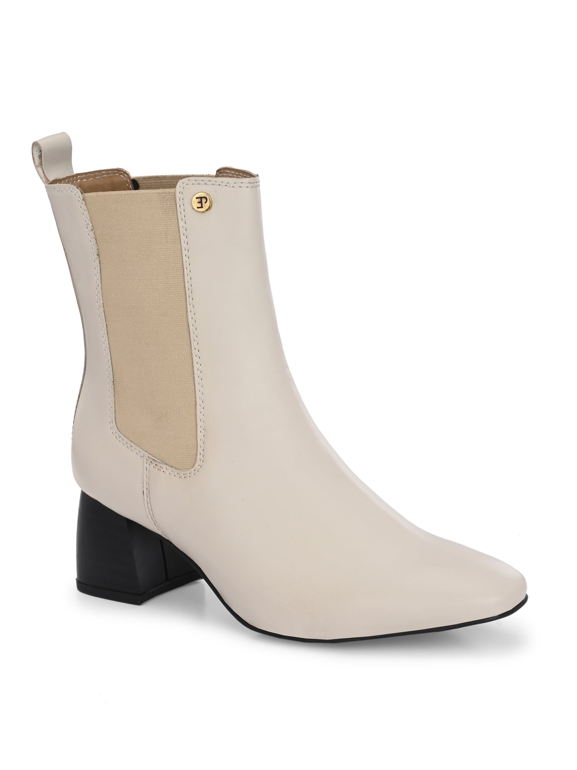Women's beige block heel ankle boots with smooth leather finish, elastic side panels, pull-tab, and pointed toe.