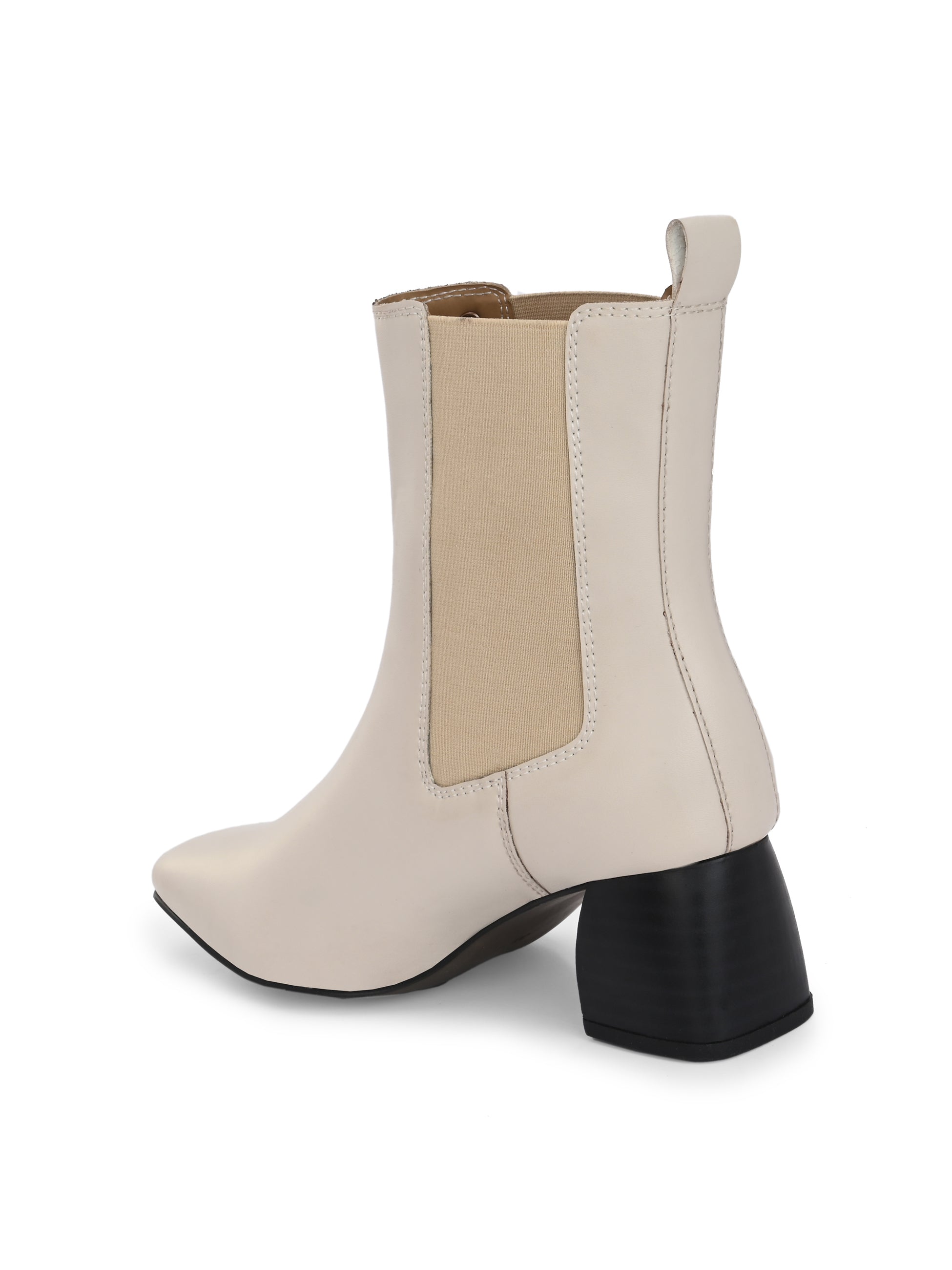 beige ankle boot with a smooth leather finish, elastic side panels, pull-tab, block heel, and pointed toe.