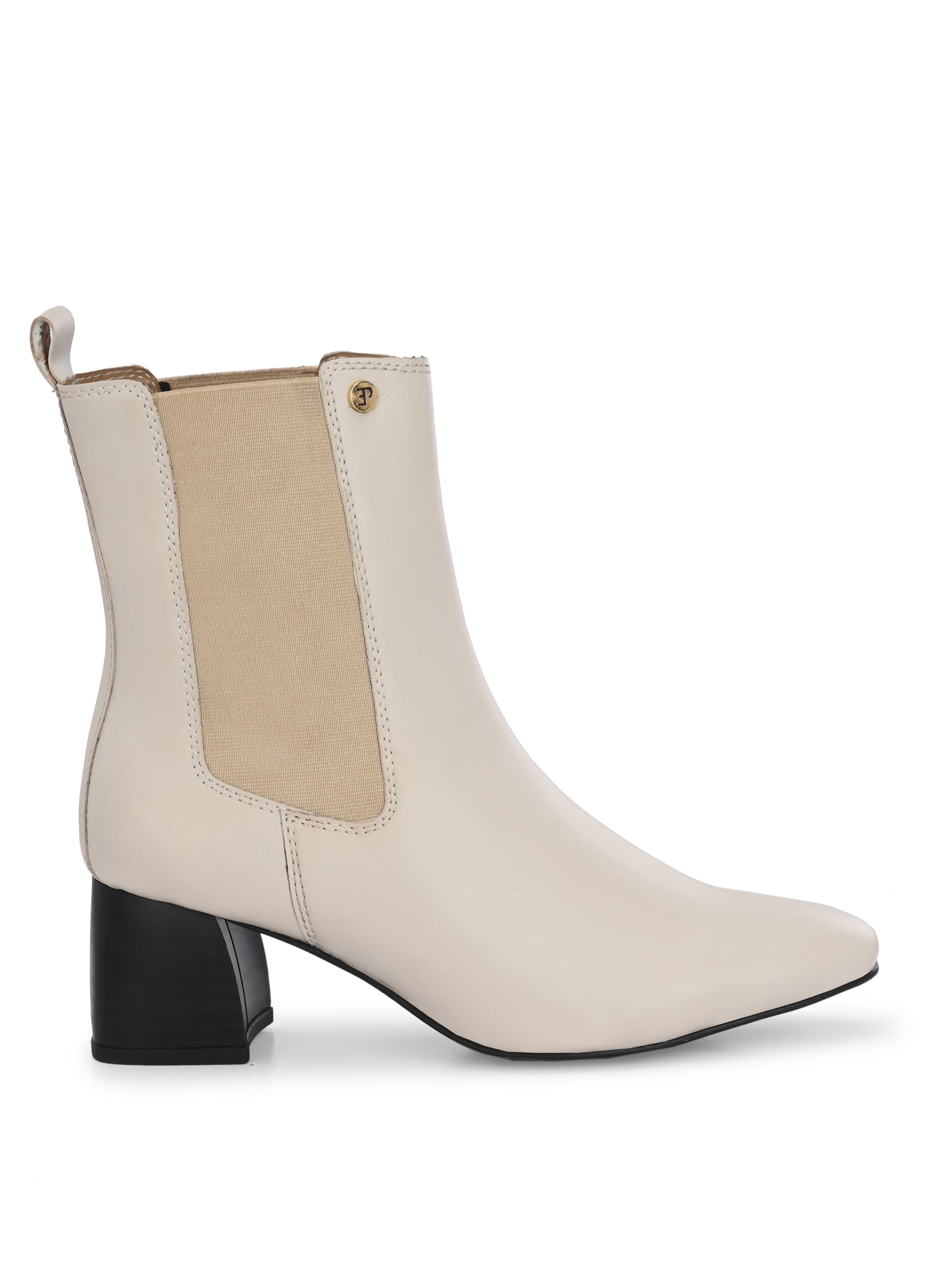 beige ankle boot with a smooth leather finish, elastic side panels, pull-tab, block heel, and pointed toe.