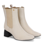 Women's black block heel ankle boots with smooth leather finish, elastic side panels, pull-tab, and pointed toe.