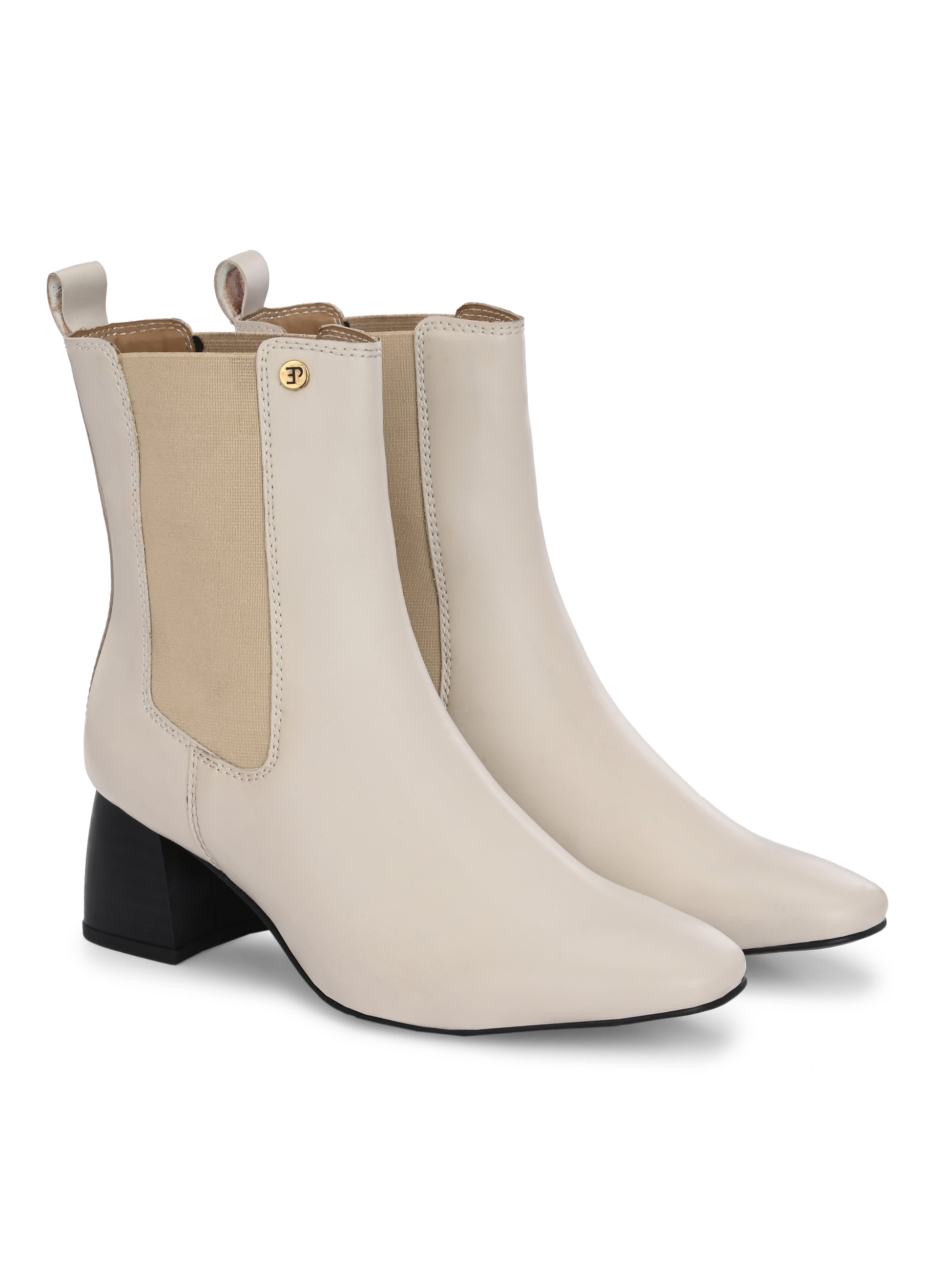 Women's black block heel ankle boots with smooth leather finish, elastic side panels, pull-tab, and pointed toe.