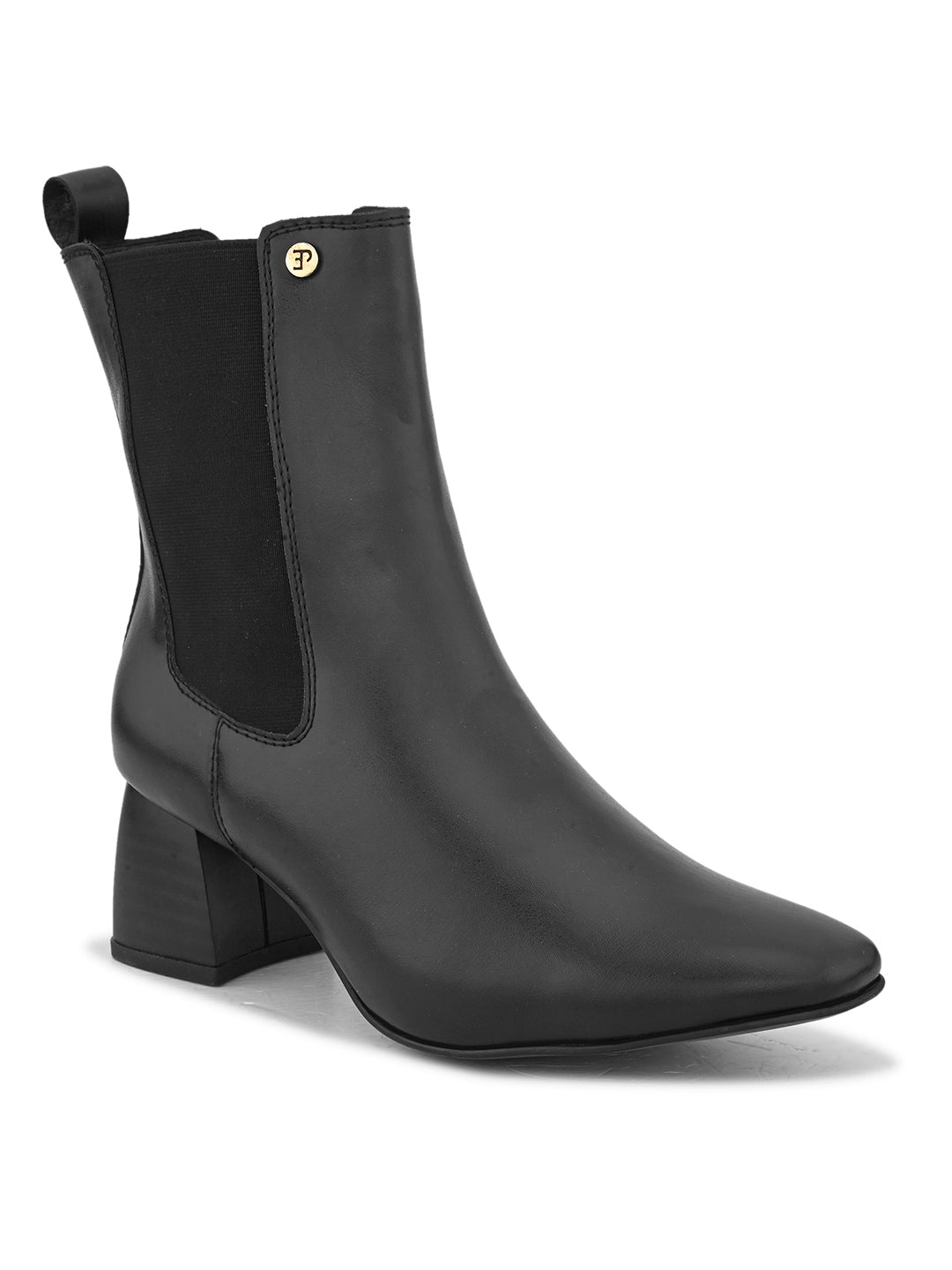 Black ankle boot with a smooth leather finish, elastic side panels, pull-tab, block heel, and pointed toe.