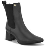 Black ankle boot with a smooth leather finish, elastic side panels, pull-tab, block heel, and pointed toe.