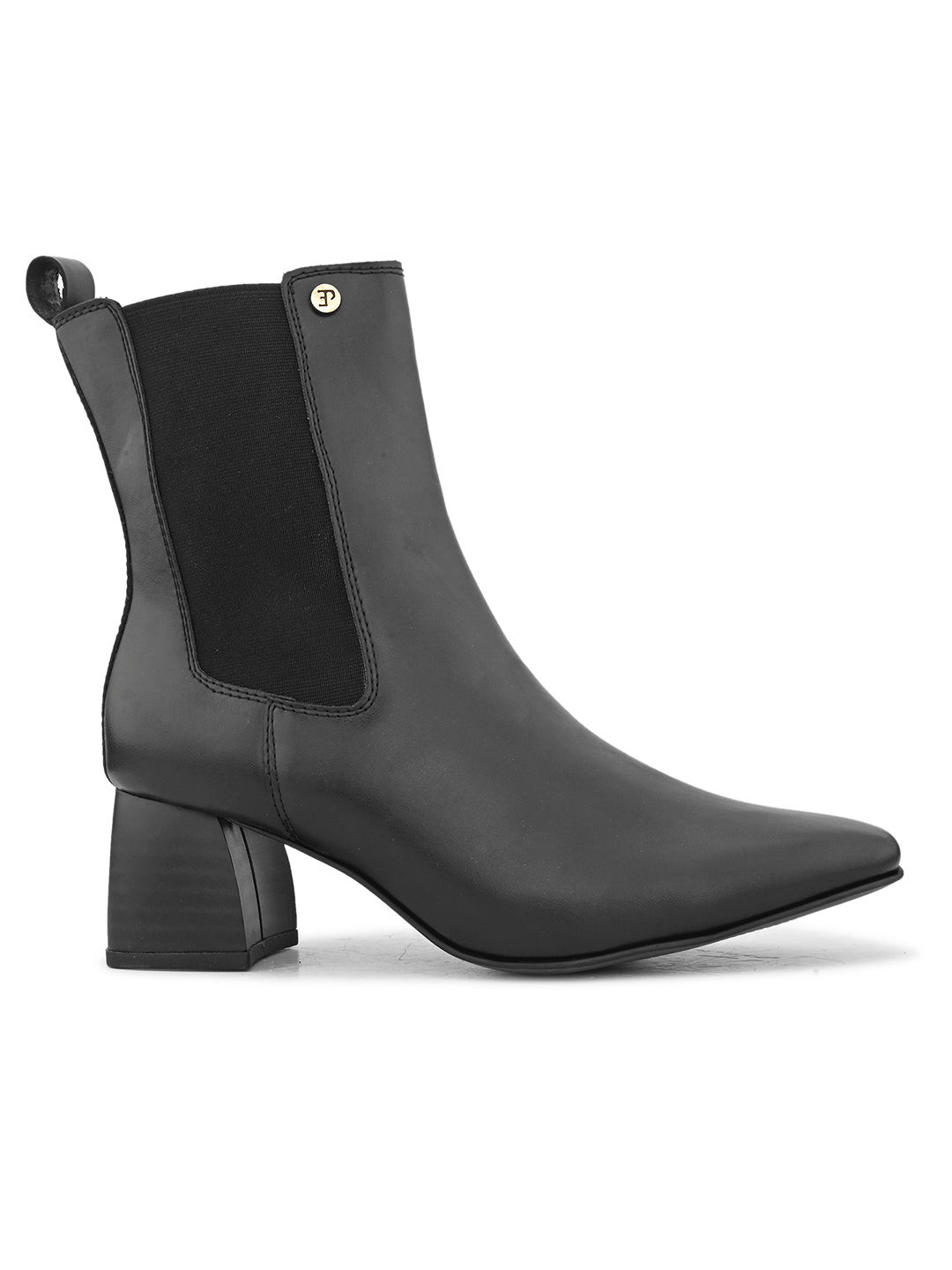 Black ankle boot with a smooth leather finish, elastic side panels, pull-tab, block heel, and pointed toe.