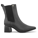 Black ankle boot with a smooth leather finish, elastic side panels, pull-tab, block heel, and pointed toe.
