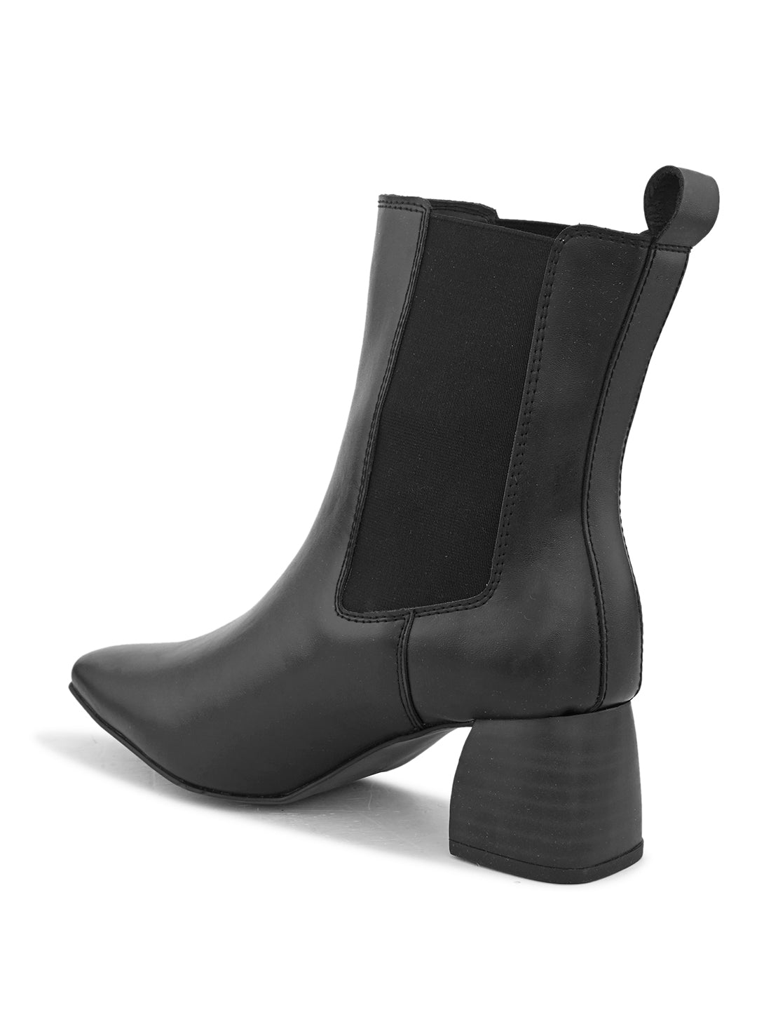 Black ankle boot with a smooth leather finish, elastic side panels, pull-tab, block heel, and pointed toe.