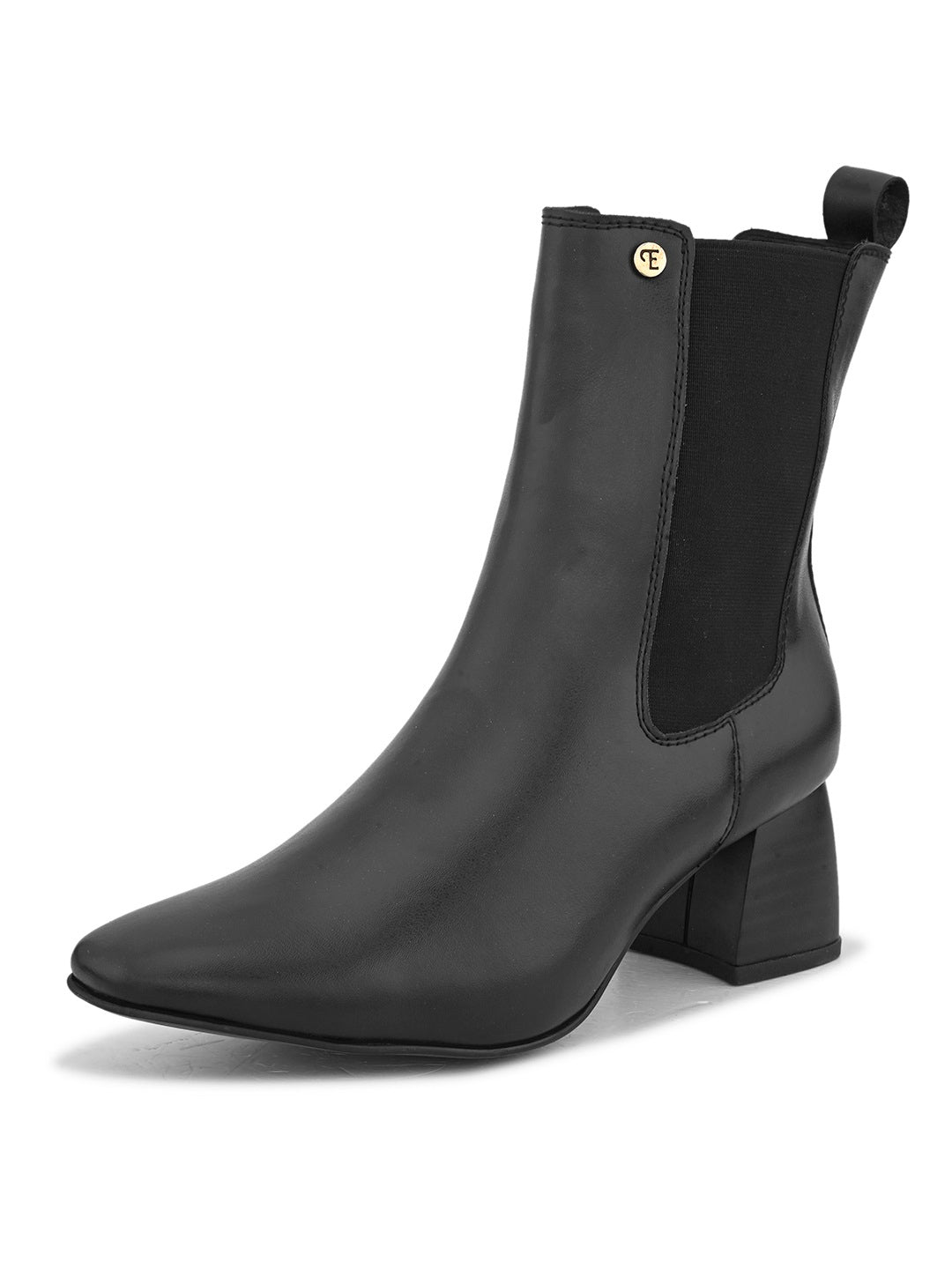 Black ankle boot with a smooth leather finish, elastic side panels, pull-tab, block heel, and pointed toe.