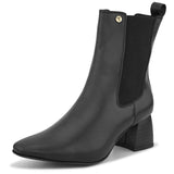 Black ankle boot with a smooth leather finish, elastic side panels, pull-tab, block heel, and pointed toe.