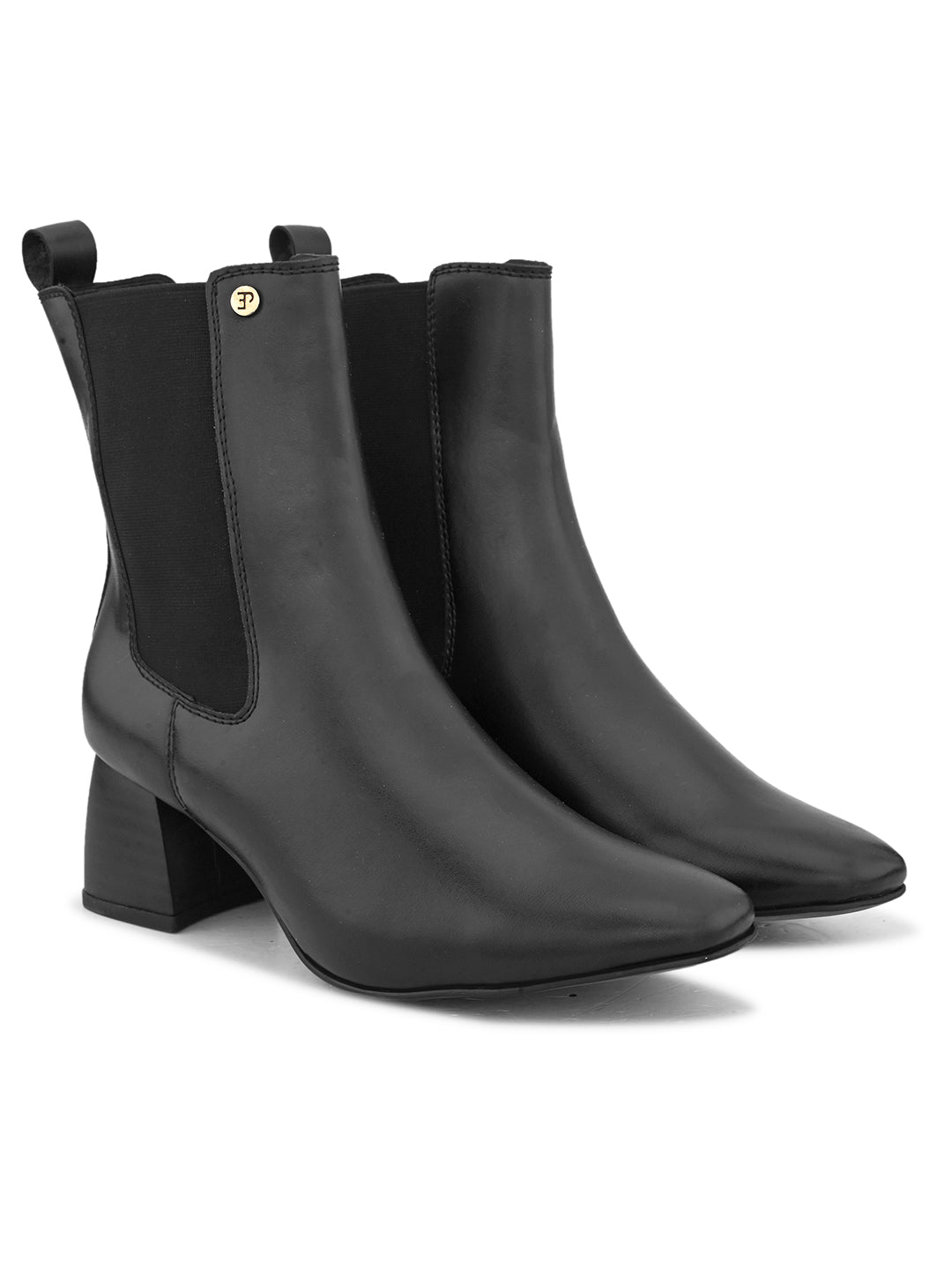 Women's black block heel ankle boots with smooth leather finish, elastic side panels, pull-tab, and pointed toe.