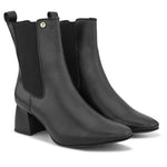Women's black block heel ankle boots with smooth leather finish, elastic side panels, pull-tab, and pointed toe.