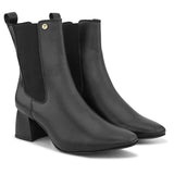 Women's black block heel ankle boots with smooth leather finish, elastic side panels, pull-tab, and pointed toe.