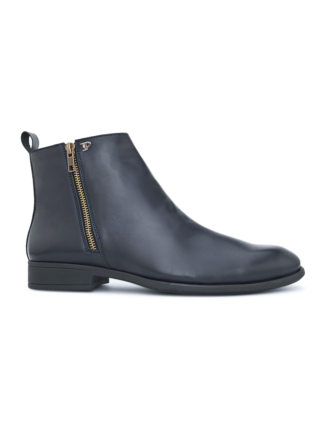 Indigo Blue Zip-Closure Block Heel Leather Boots For Men