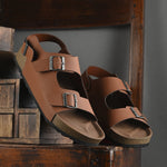 Tan Men's casual flat heel buckle strap sandal with back strap closure