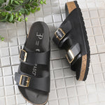 Black Women's casual flat heel buckle strap sandal